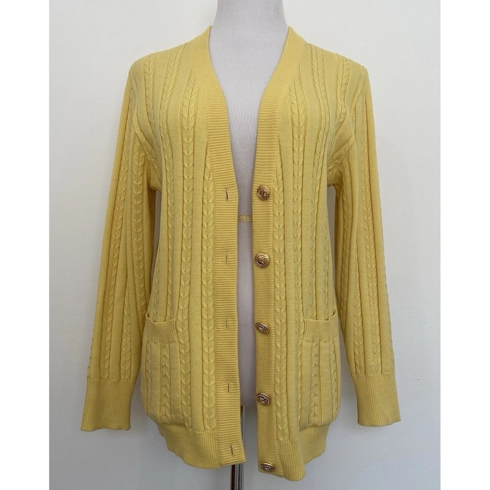 Vintage Celine Pure Wool Cable Knit Cardigan Yellow Sweater Gold Buttons S M
